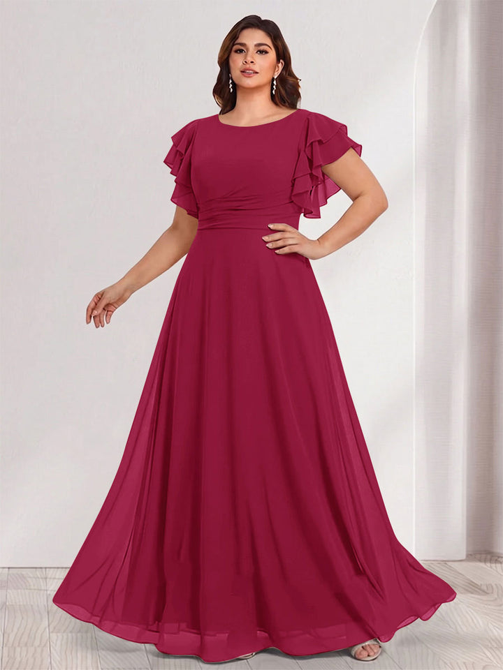 A-Line/Princess Scoop Short Sleeves Floor-Length Plus Size Bridesmaid Dresses with Ruffles &amp; Ruched
