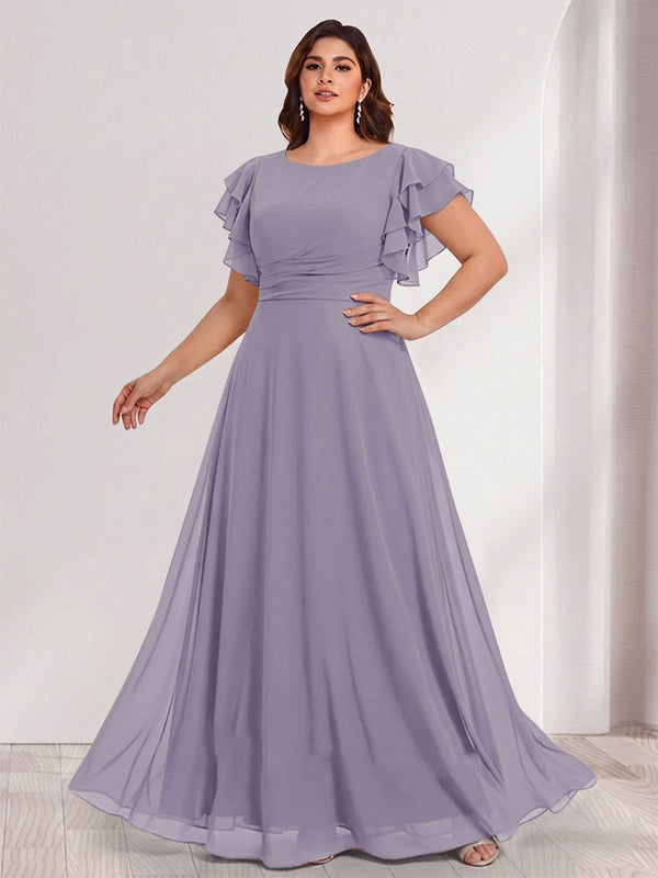 A-Line/Princess Scoop Short Sleeves Floor-Length Plus Size Bridesmaid Dresses with Ruffles & Ruched