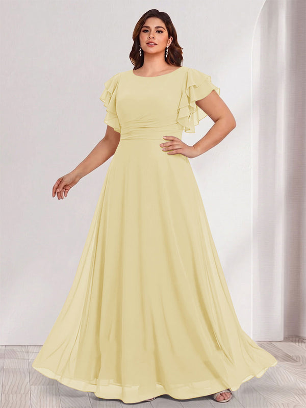 A-Line/Princess Scoop Short Sleeves Floor-Length Plus Size Bridesmaid Dresses with Ruffles & Ruched