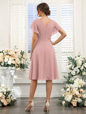 A-Line/Princess V-Neck Short Sleeves Knee-Length Bridesmaid Dresses with Ruffles