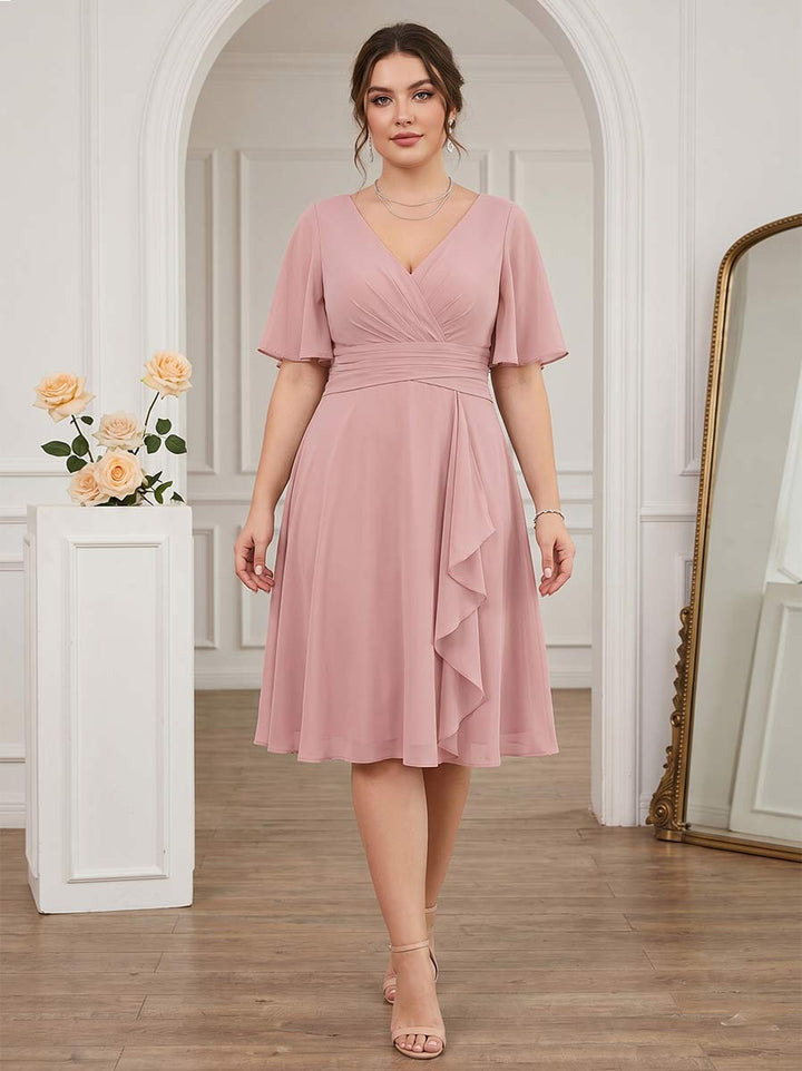 A-Line/Princess V-Neck Short Sleeves Knee-Length Plus Size Bridesmaid Dresses with Ruffles