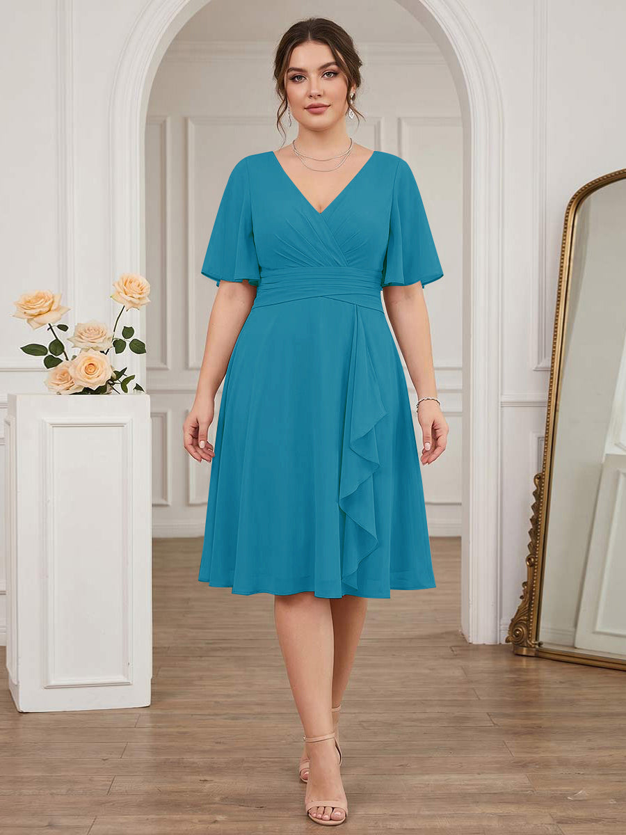 A-Line/Princess V-Neck Short Sleeves Knee-Length Plus Size Bridesmaid Dresses with Ruffles