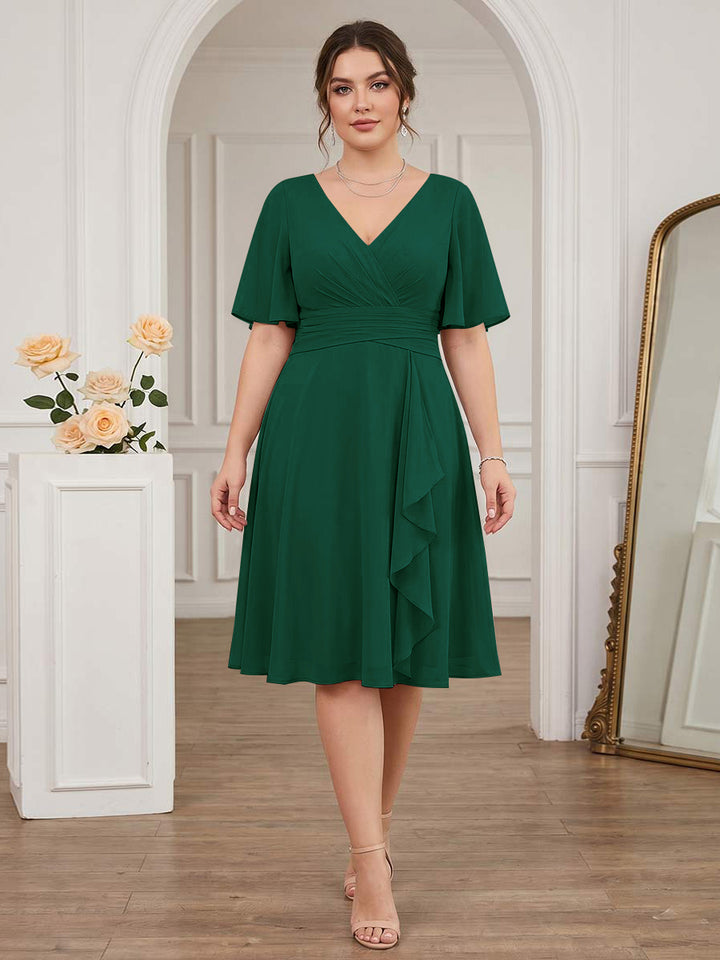A-Line/Princess V-Neck Short Sleeves Knee-Length Plus Size Bridesmaid Dresses with Ruffles