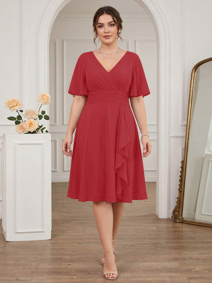 A-Line/Princess V-Neck Short Sleeves Knee-Length Plus Size Bridesmaid Dresses with Ruffles