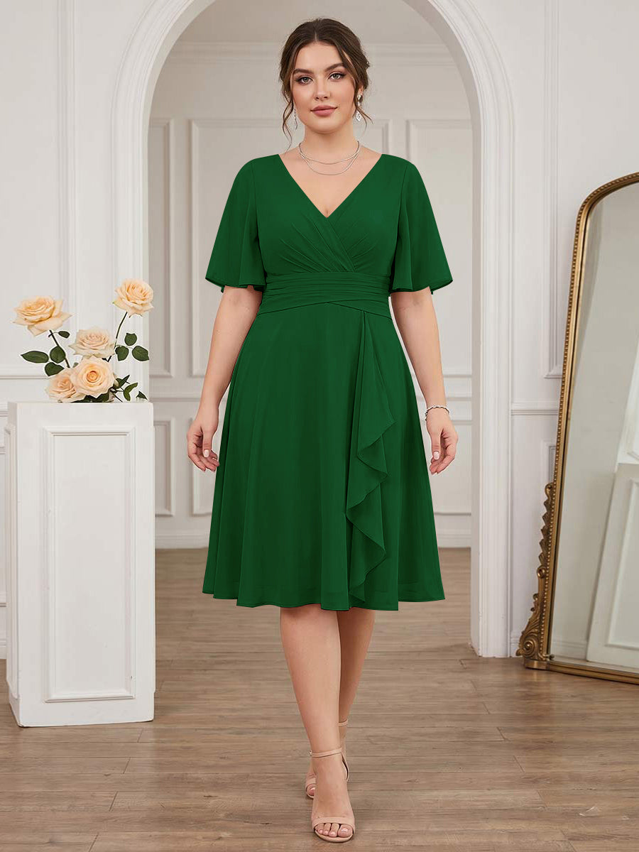A-Line/Princess V-Neck Short Sleeves Knee-Length Plus Size Bridesmaid Dresses with Ruffles