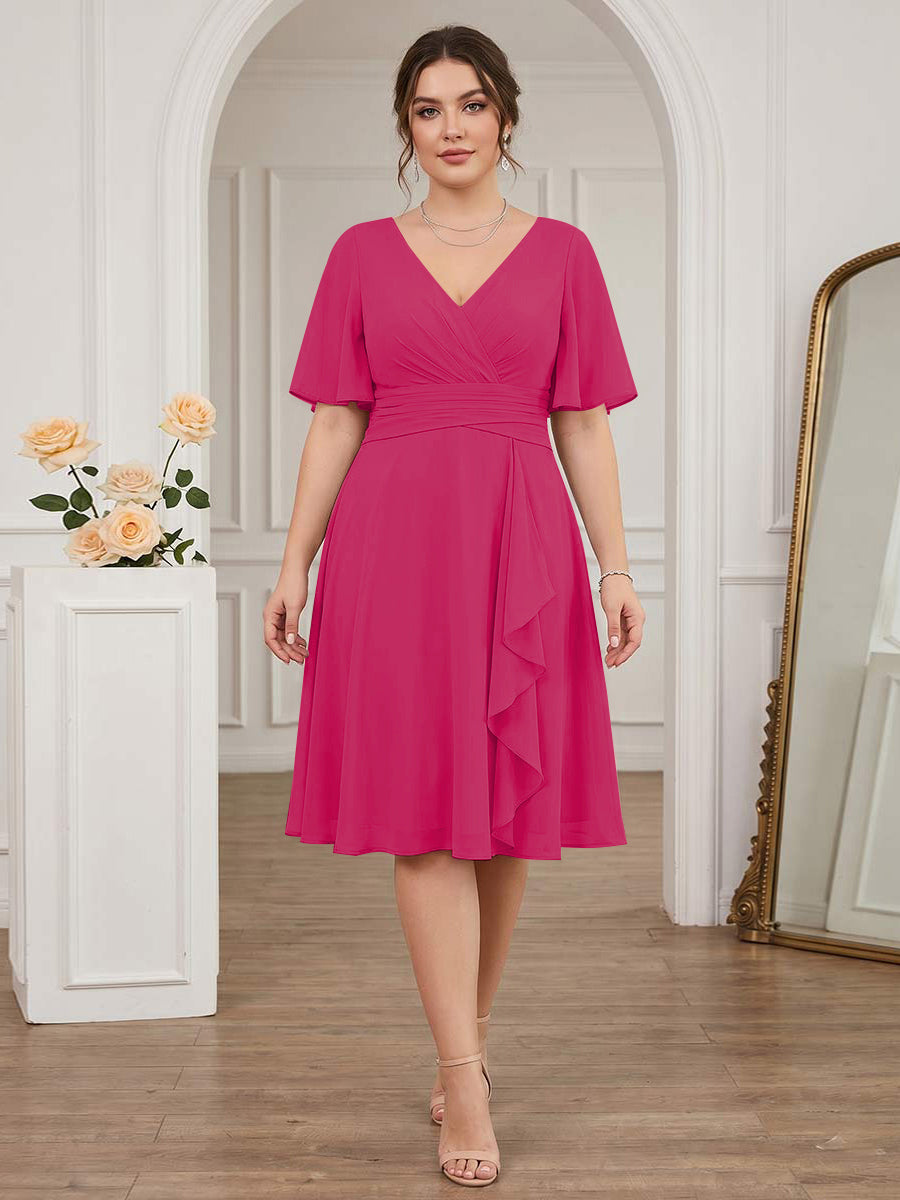 A-Line/Princess V-Neck Short Sleeves Knee-Length Plus Size Bridesmaid Dresses with Ruffles