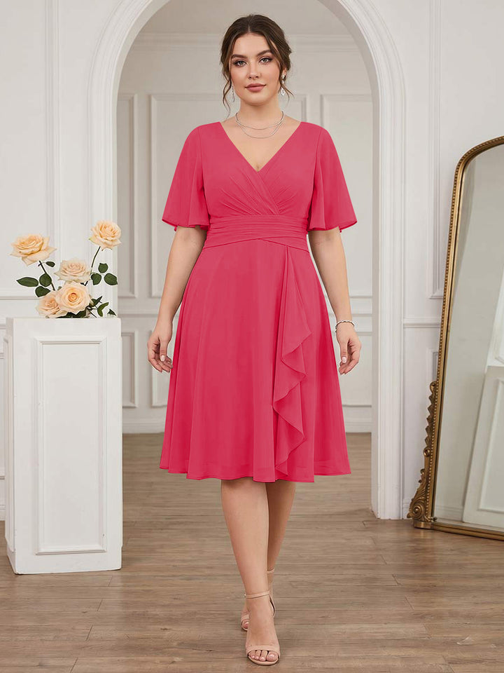 A-Line/Princess V-Neck Short Sleeves Knee-Length Plus Size Bridesmaid Dresses with Ruffles
