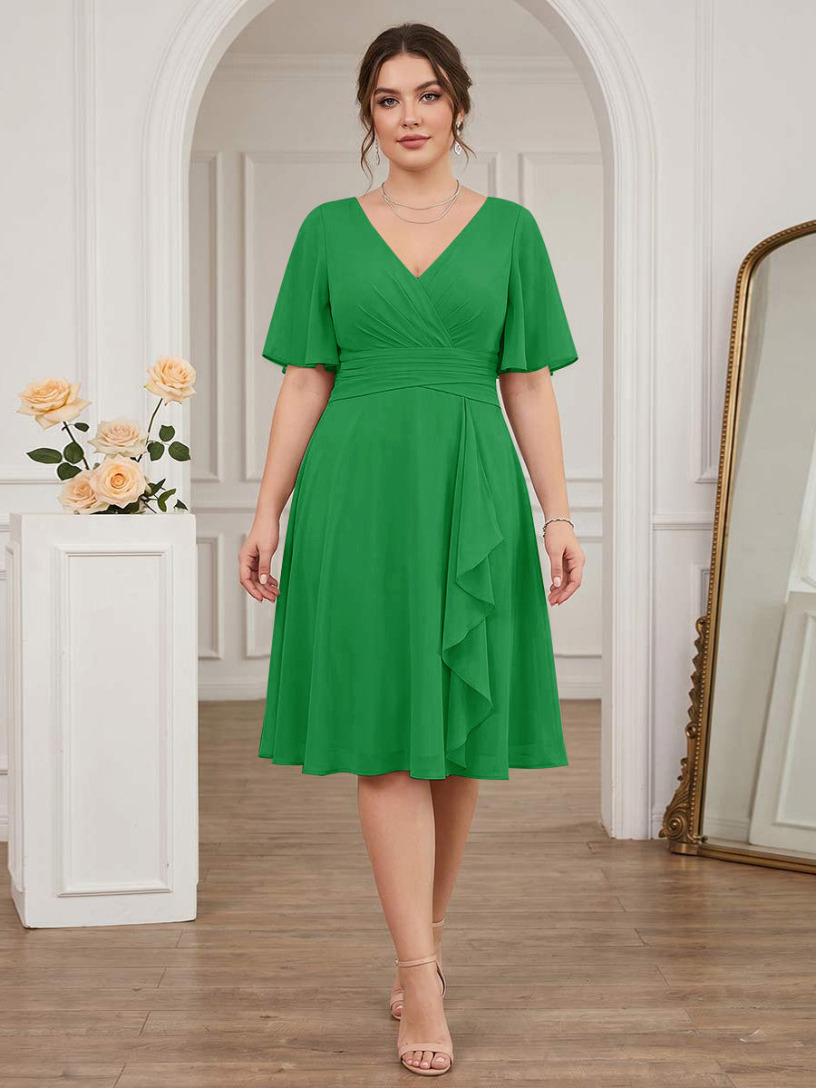 A-Line/Princess V-Neck Short Sleeves Knee-Length Plus Size Bridesmaid Dresses with Ruffles