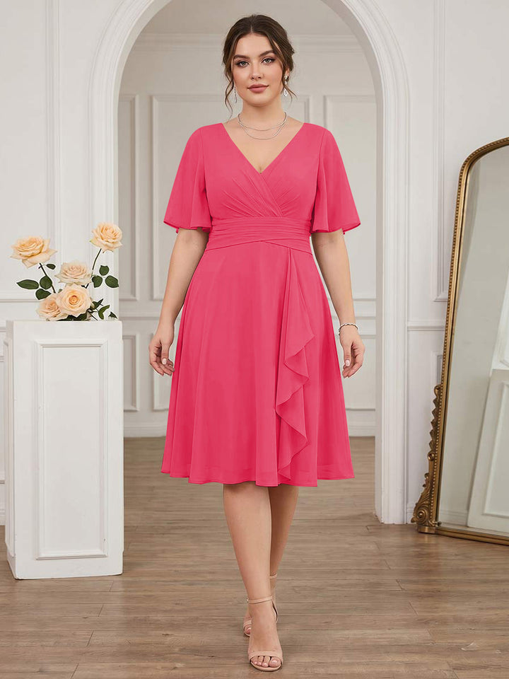 A-Line/Princess V-Neck Short Sleeves Knee-Length Plus Size Bridesmaid Dresses with Ruffles