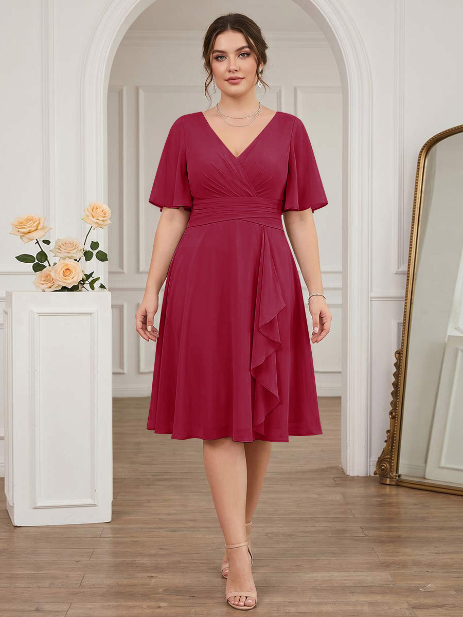 A-Line/Princess V-Neck Short Sleeves Knee-Length Plus Size Bridesmaid Dresses with Ruffles