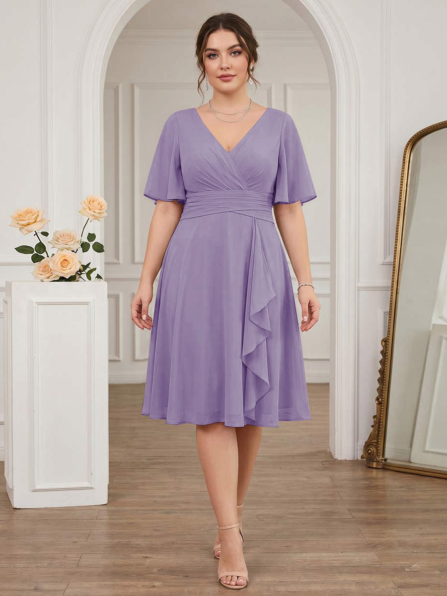 A-Line/Princess V-Neck Short Sleeves Knee-Length Plus Size Bridesmaid Dresses with Ruffles
