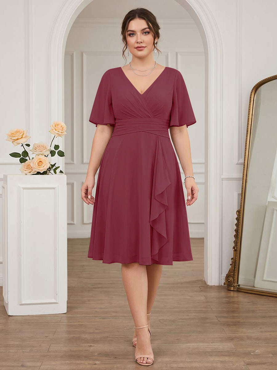 A-Line/Princess V-Neck Short Sleeves Knee-Length Plus Size Bridesmaid Dresses with Ruffles