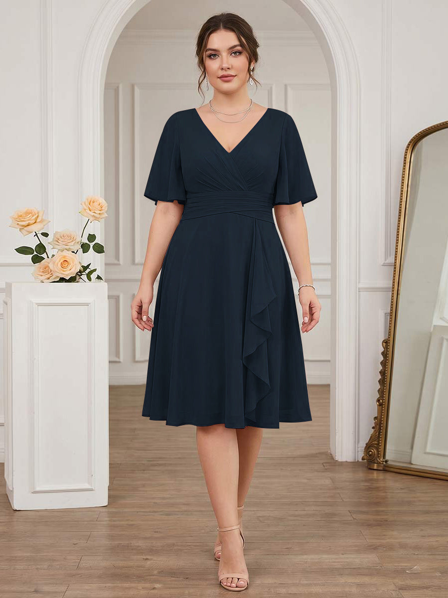 A-Line/Princess V-Neck Short Sleeves Knee-Length Plus Size Bridesmaid Dresses with Ruffles