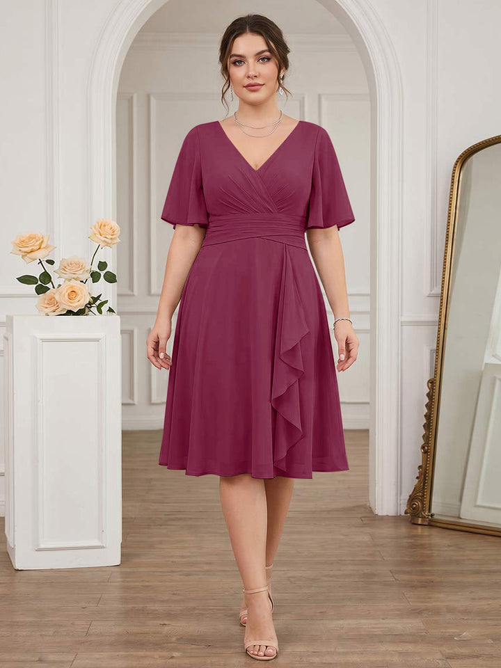 A-Line/Princess V-Neck Short Sleeves Knee-Length Plus Size Bridesmaid Dresses with Ruffles