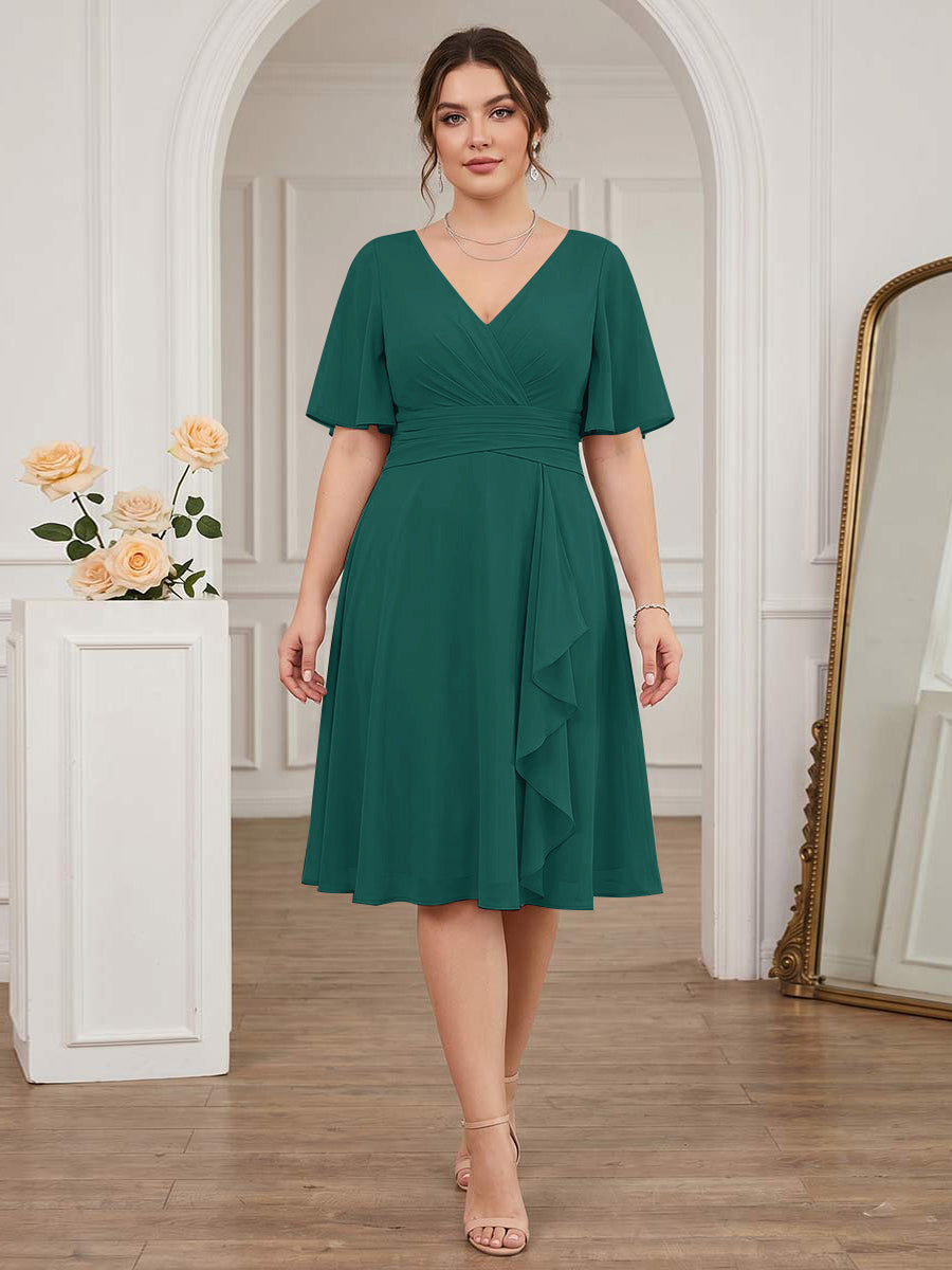 A-Line/Princess V-Neck Short Sleeves Knee-Length Plus Size Bridesmaid Dresses with Ruffles