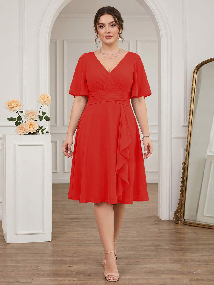 A-Line/Princess V-Neck Short Sleeves Knee-Length Plus Size Bridesmaid Dresses with Ruffles
