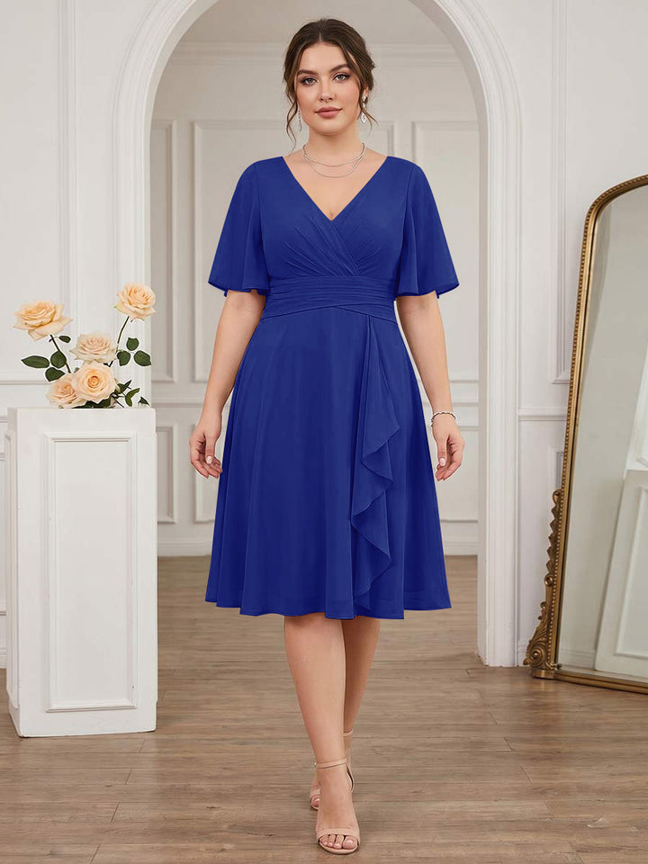 A-Line/Princess V-Neck Short Sleeves Knee-Length Plus Size Bridesmaid Dresses with Ruffles