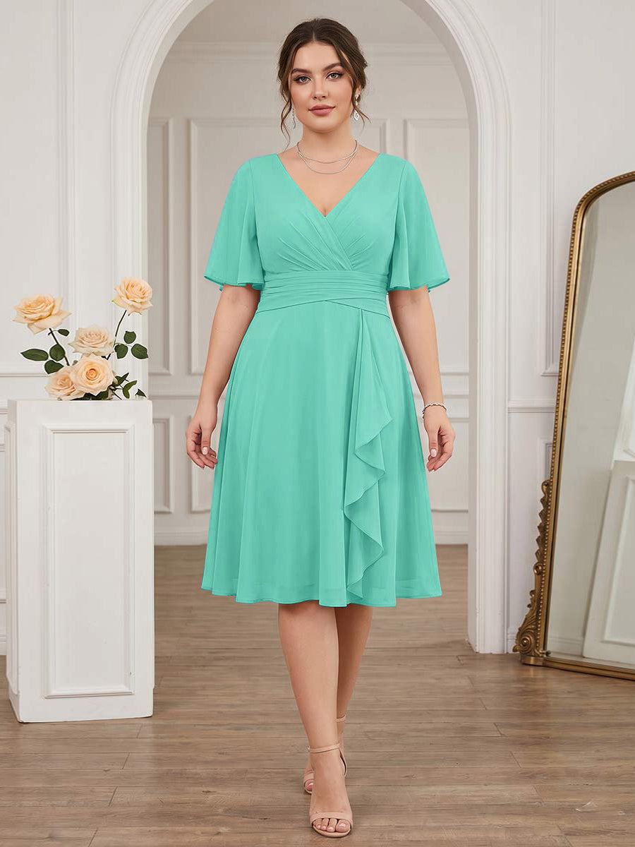 A-Line/Princess V-Neck Short Sleeves Knee-Length Plus Size Bridesmaid Dresses with Ruffles