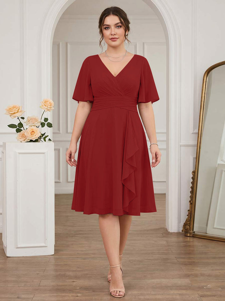 A-Line/Princess V-Neck Short Sleeves Knee-Length Plus Size Bridesmaid Dresses with Ruffles