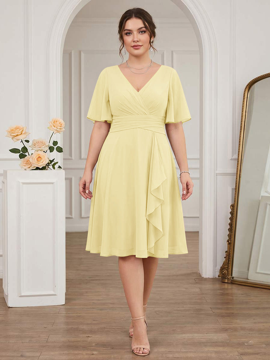 A-Line/Princess V-Neck Short Sleeves Knee-Length Plus Size Bridesmaid Dresses with Ruffles