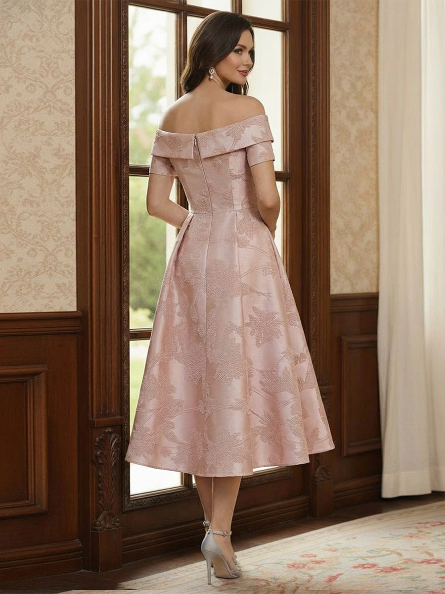 A-Line/Princess Off-the-Shoulder Short Sleeves Tea-Length Mother of the Bride Dresses with Pleats