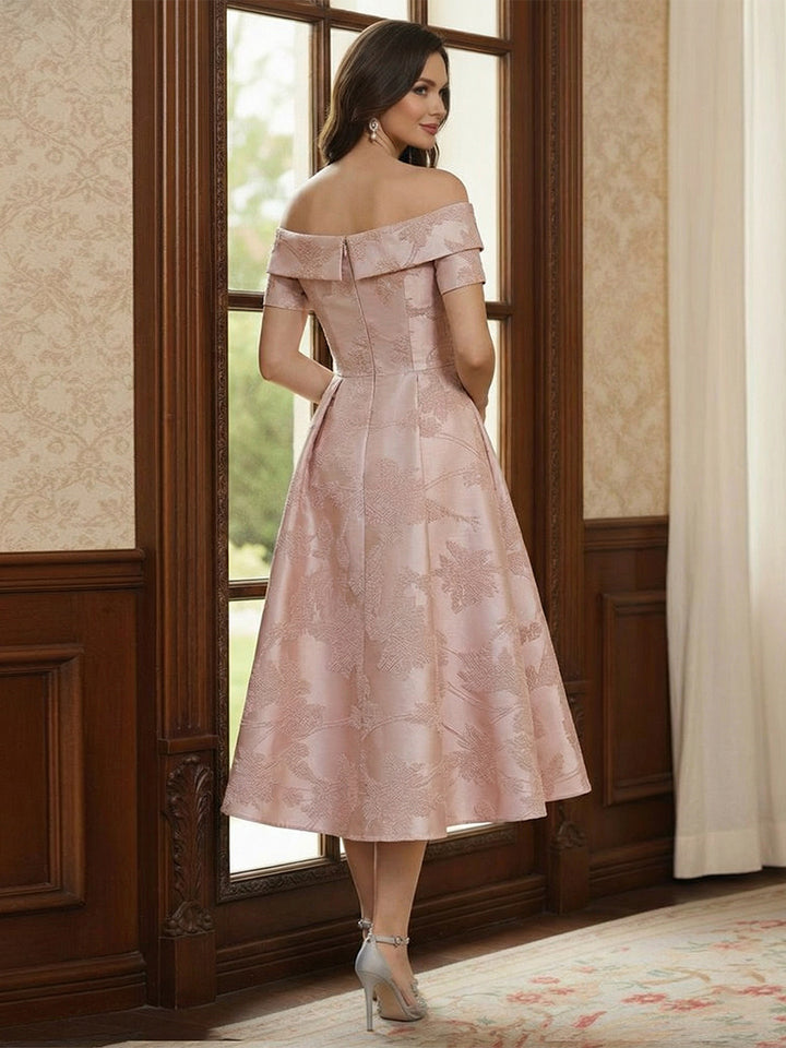 A-Line/Princess Off-the-Shoulder Short Sleeves Tea-Length Mother of the Bride Dresses with Pleats