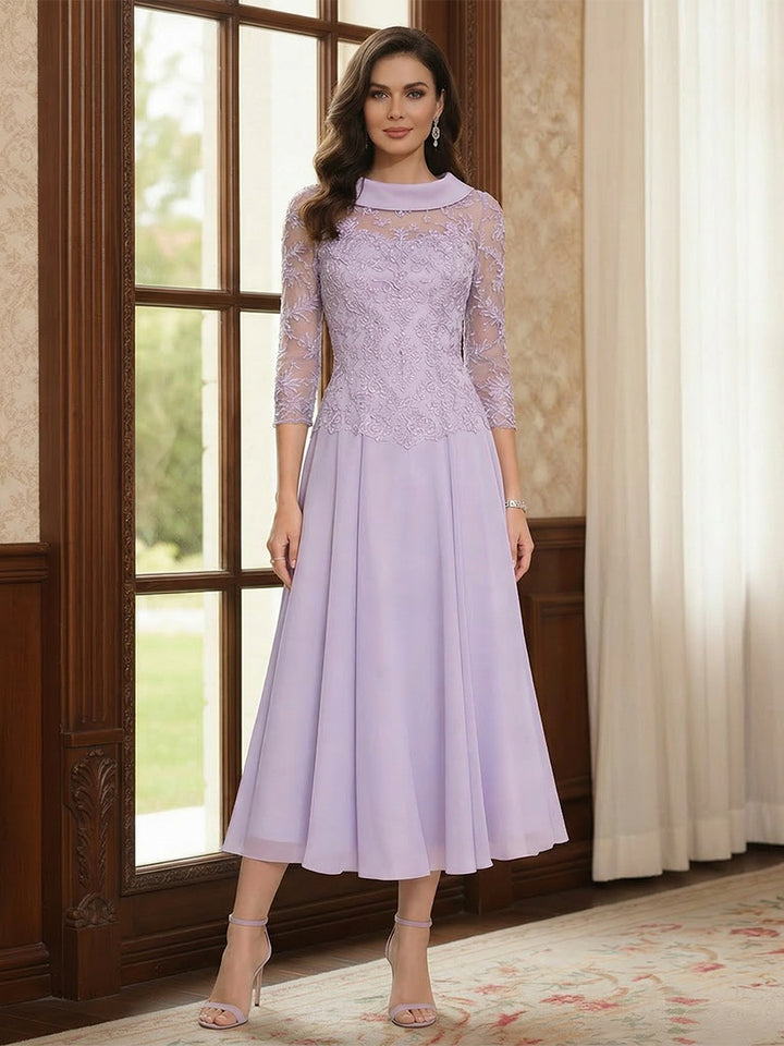 A-Line/Princess Scoop 3/4 Sleeves Tea-Length Mother of the Bride Dresses with Pleats &amp; Bowknot
