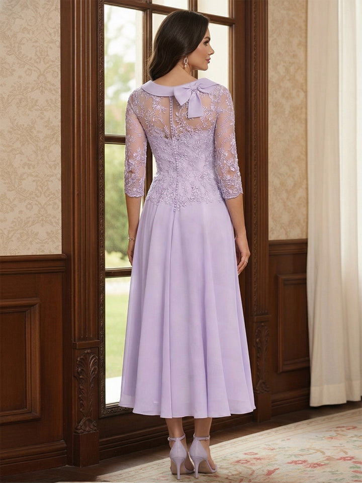 A-Line/Princess Scoop 3/4 Sleeves Tea-Length Mother of the Bride Dresses with Pleats &amp; Bowknot