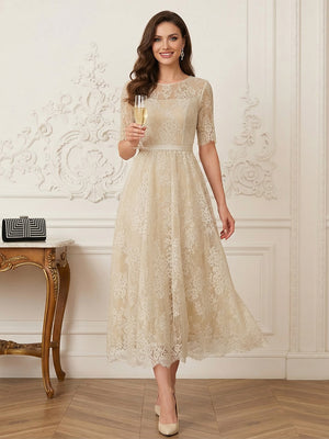 A-Line/Princess Illusion Neck Half Sleeves Tea-Length Mother of the Bride Dresses with Applique & Sash