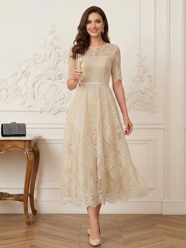 A-Line/Princess Illusion Neck Half Sleeves Tea-Length Mother of the Bride Dresses with Applique & Sash