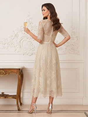 A-Line/Princess Illusion Neck Half Sleeves Tea-Length Mother of the Bride Dresses with Applique & Sash