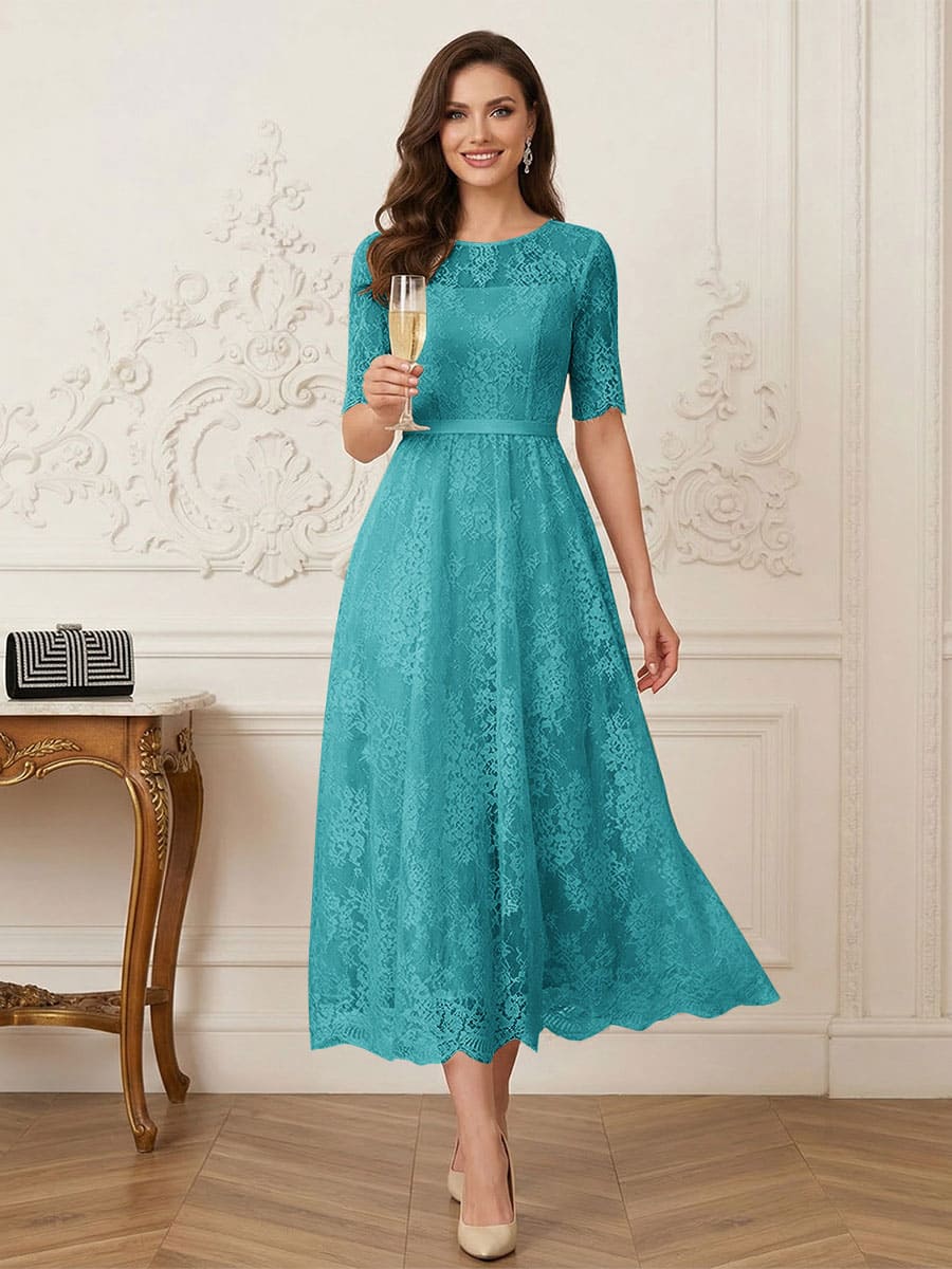A-Line/Princess Illusion Neck Half Sleeves Tea-Length Mother of the Bride Dresses with Applique &amp; Sash