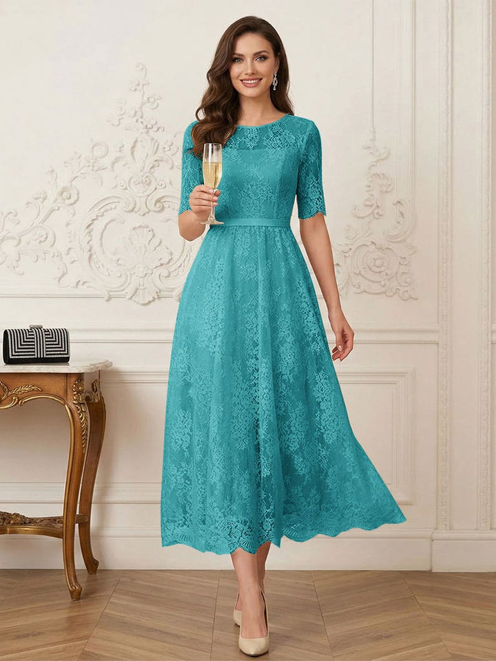 A-Line/Princess Illusion Neck Half Sleeves Tea-Length Mother of the Bride Dresses with Applique &amp; Sash
