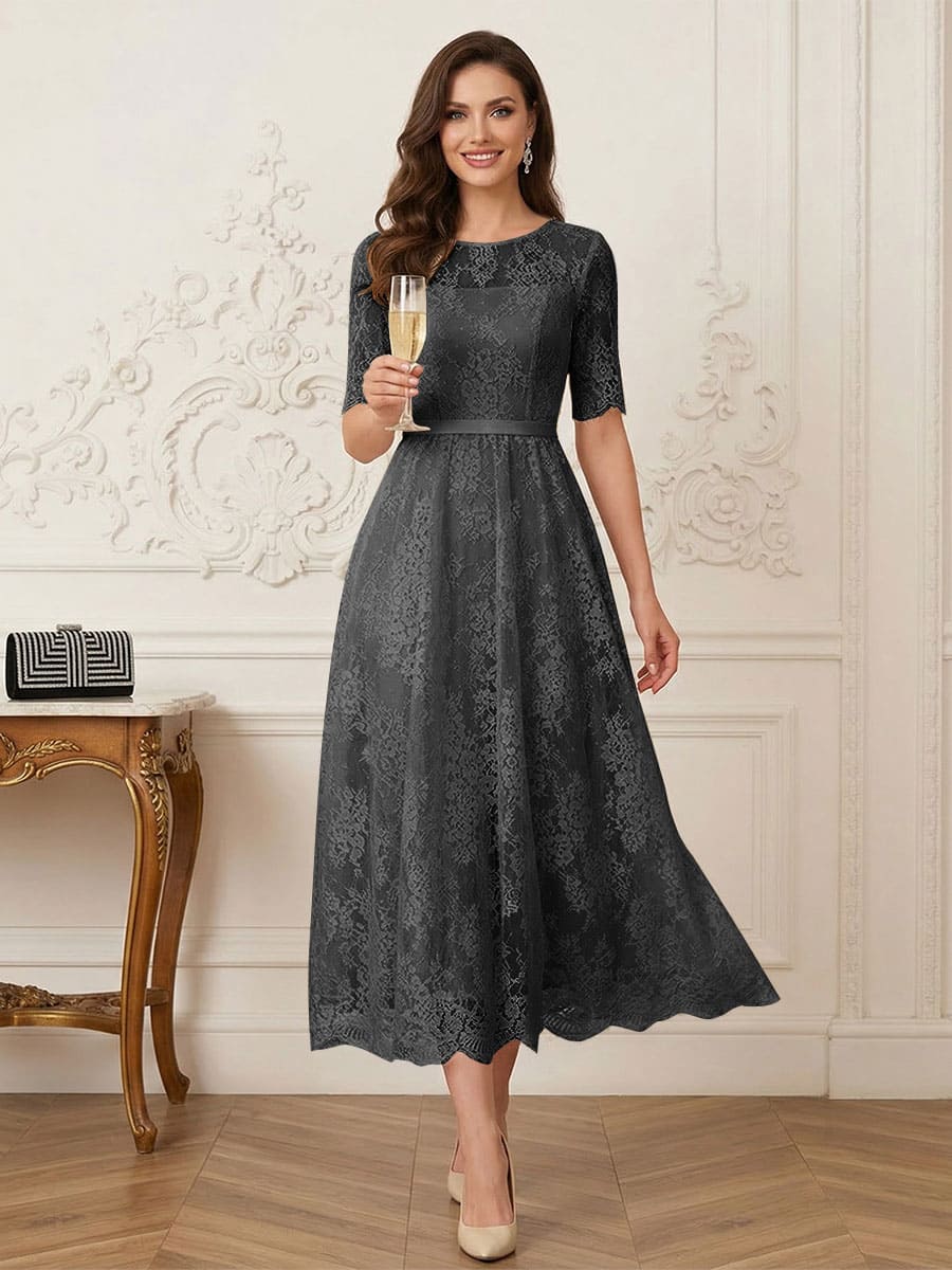 A-Line/Princess Illusion Neck Half Sleeves Tea-Length Mother of the Bride Dresses with Applique &amp; Sash
