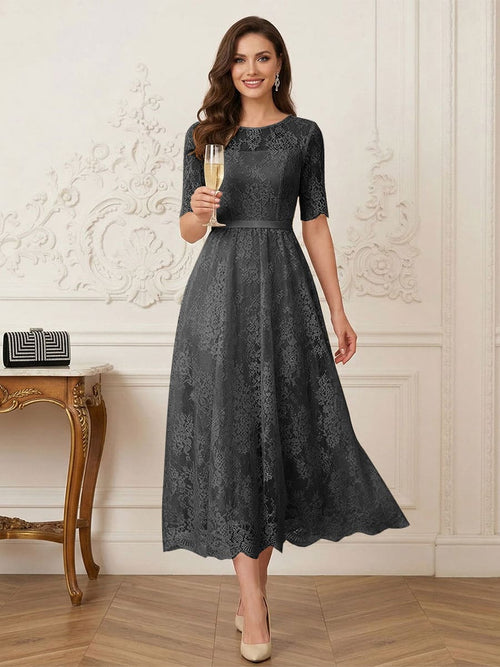 A-Line/Princess Illusion Neck Half Sleeves Tea-Length Mother of the Bride Dresses with Applique & Sash