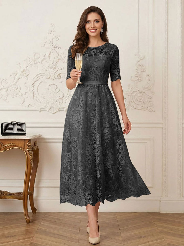 A-Line/Princess Illusion Neck Half Sleeves Tea-Length Mother of the Bride Dresses with Applique &amp; Sash