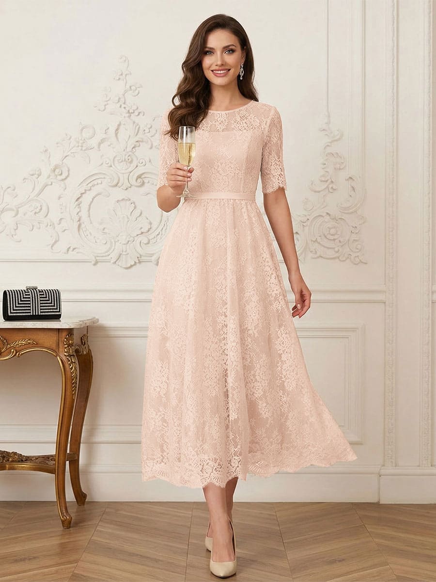 A-Line/Princess Illusion Neck Half Sleeves Tea-Length Mother of the Bride Dresses with Applique &amp; Sash