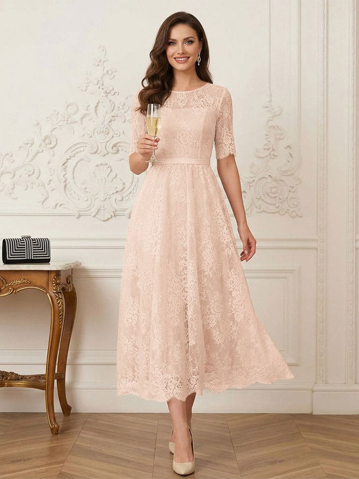 A-Line/Princess Illusion Neck Half Sleeves Tea-Length Mother of the Bride Dresses with Applique &amp; Sash