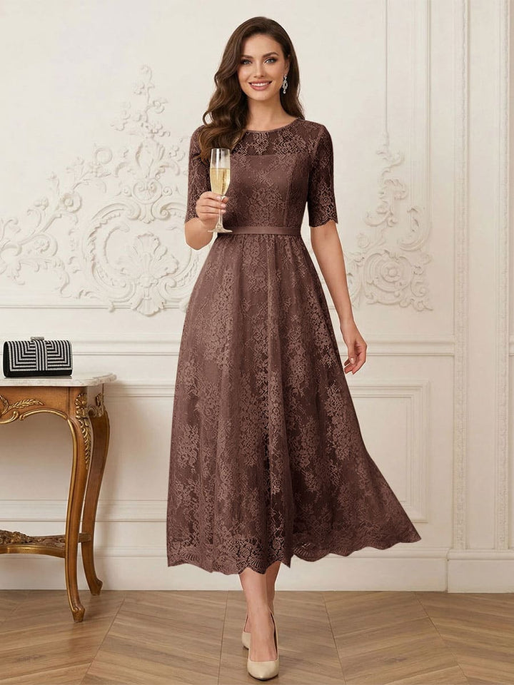 A-Line/Princess Illusion Neck Half Sleeves Tea-Length Mother of the Bride Dresses with Applique &amp; Sash