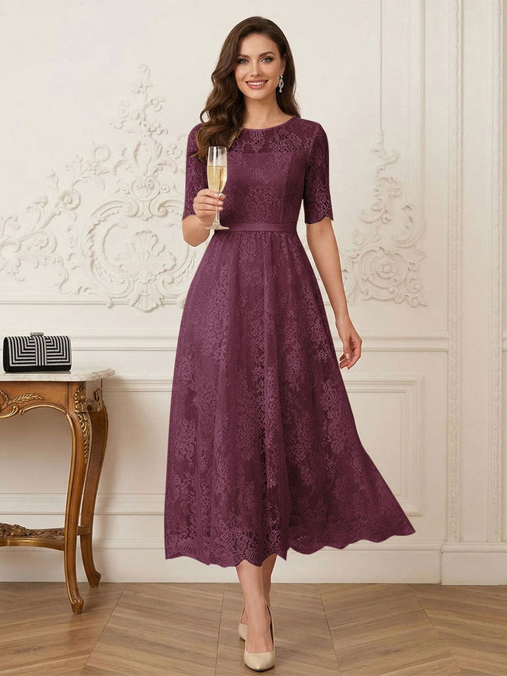 A-Line/Princess Illusion Neck Half Sleeves Tea-Length Mother of the Bride Dresses with Applique &amp; Sash