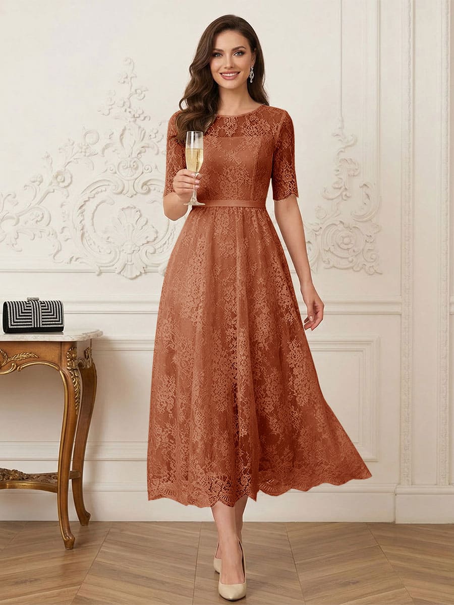 A-Line/Princess Illusion Neck Half Sleeves Tea-Length Mother of the Bride Dresses with Applique &amp; Sash