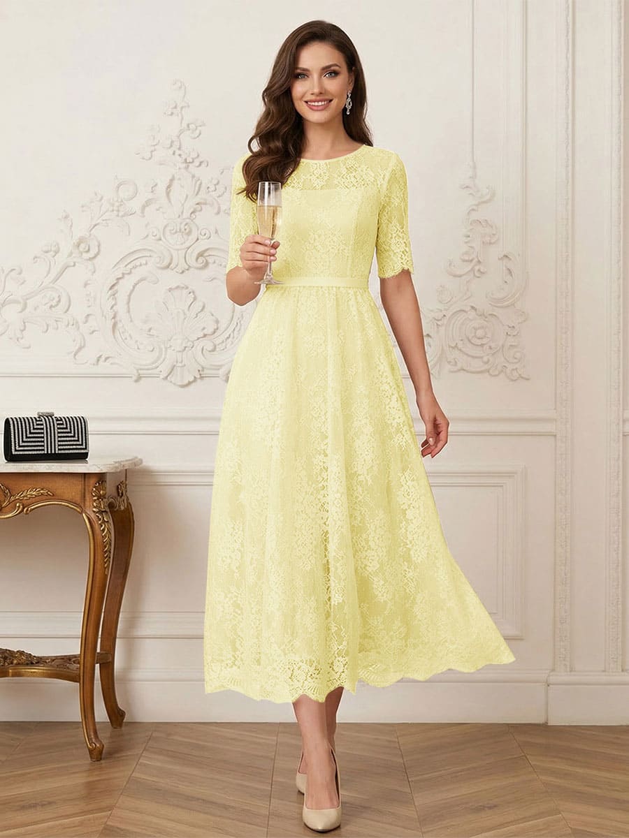 A-Line/Princess Illusion Neck Half Sleeves Tea-Length Mother of the Bride Dresses with Applique &amp; Sash