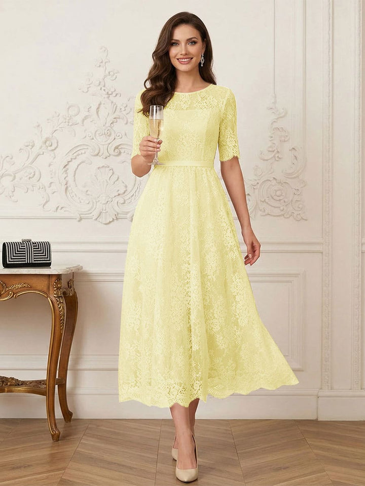 A-Line/Princess Illusion Neck Half Sleeves Tea-Length Mother of the Bride Dresses with Applique &amp; Sash
