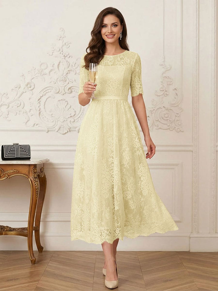 A-Line/Princess Illusion Neck Half Sleeves Tea-Length Mother of the Bride Dresses with Applique &amp; Sash