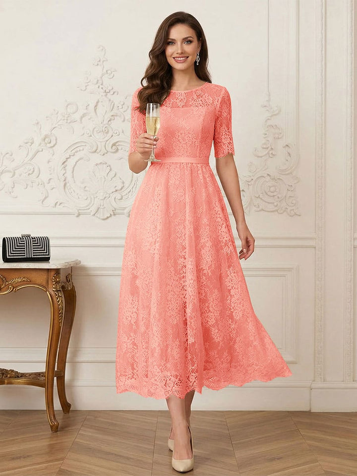 A-Line/Princess Illusion Neck Half Sleeves Tea-Length Mother of the Bride Dresses with Applique &amp; Sash