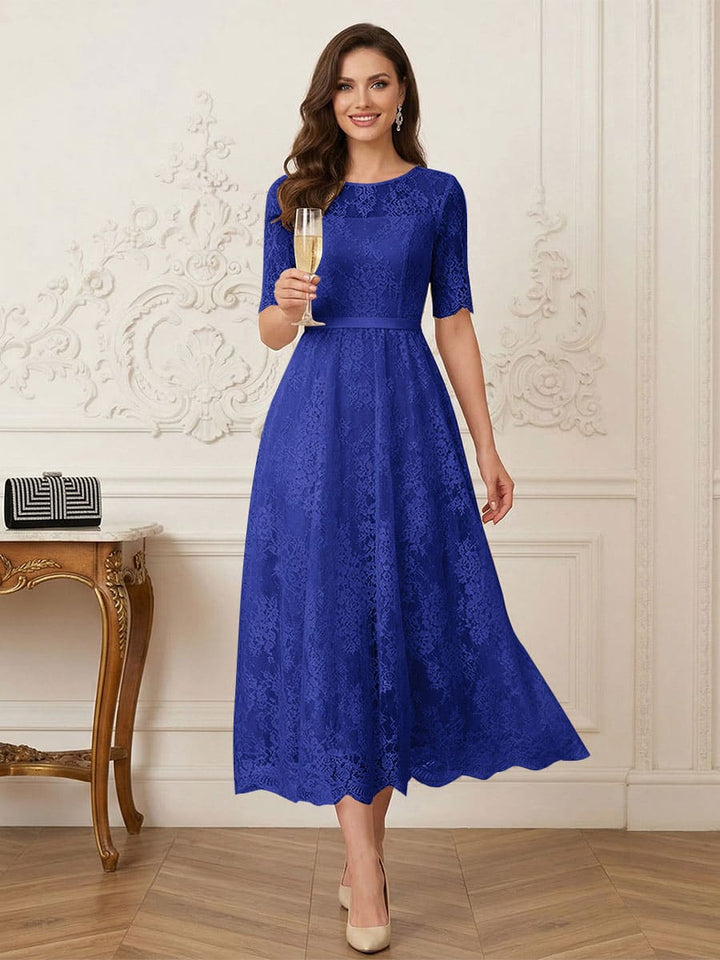 A-Line/Princess Illusion Neck Half Sleeves Tea-Length Mother of the Bride Dresses with Applique &amp; Sash