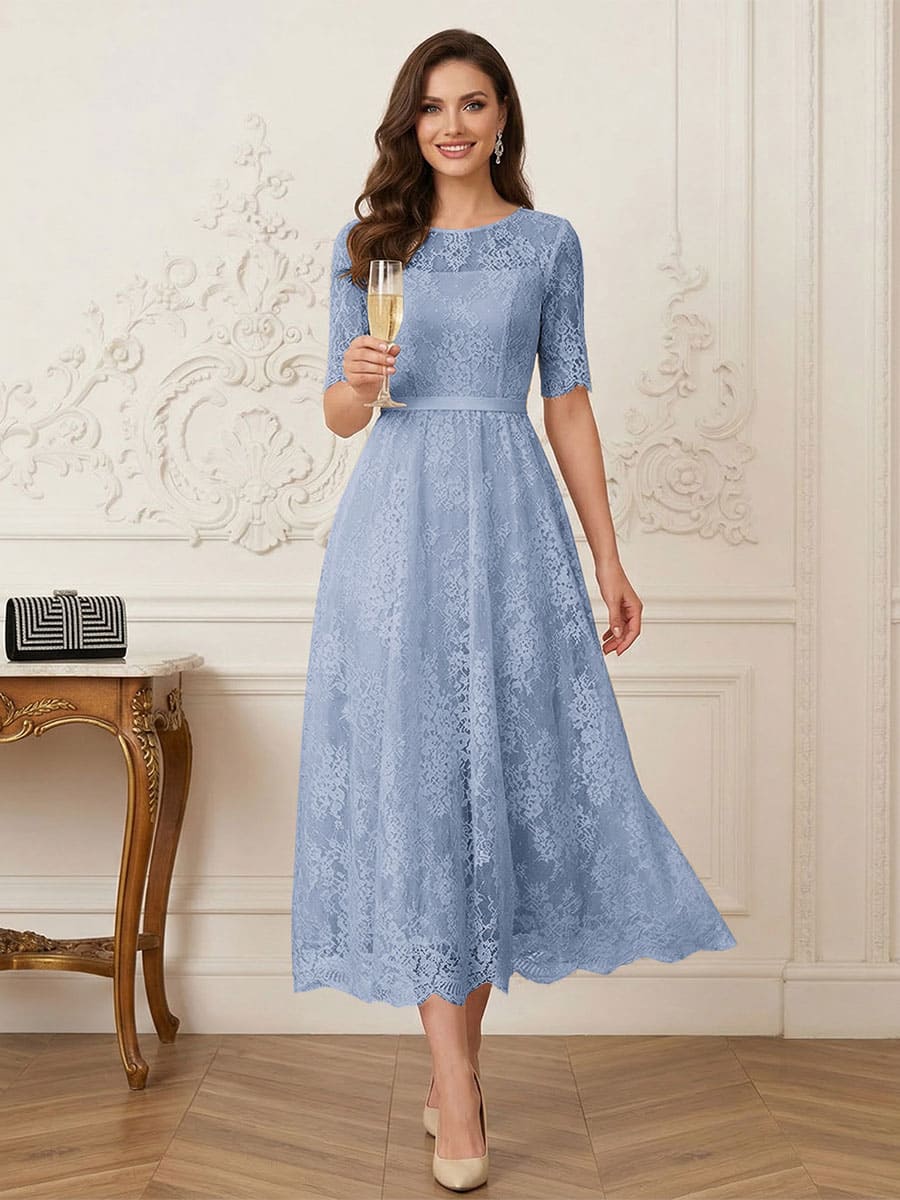 A-Line/Princess Illusion Neck Half Sleeves Tea-Length Mother of the Bride Dresses with Applique &amp; Sash