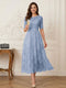 A-Line/Princess Illusion Neck Half Sleeves Tea-Length Mother of the Bride Dresses with Applique & Sash