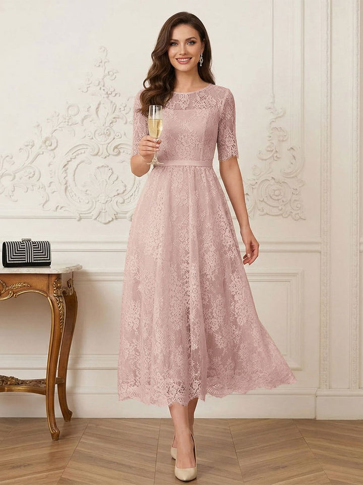 A-Line/Princess Illusion Neck Half Sleeves Tea-Length Mother of the Bride Dresses with Applique &amp; Sash