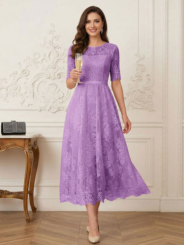 A-Line/Princess Illusion Neck Half Sleeves Tea-Length Mother of the Bride Dresses with Applique &amp; Sash